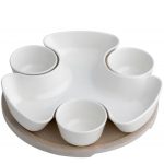 SET DE SERVIRE DIN PORTELAN ALB SI TAVA BAMBUS NATURAL