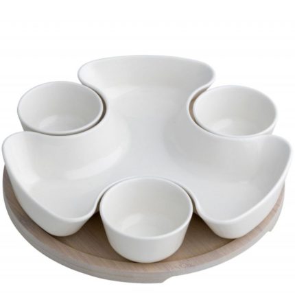 SET DE SERVIRE DIN PORTELAN ALB SI TAVA BAMBUS NATURAL