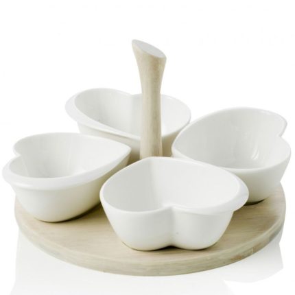 SET DE SERVIRE PORTELAN ALB SI TAVA DE BAMBUS NATURAL
