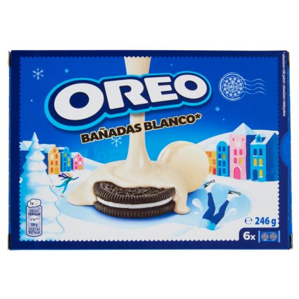 BISCUITI UMPLUTI CU CREMA DE SMANTANA SI VANILIE GLAZURATI CU CIOCOLATA ALBA OREO 246 G